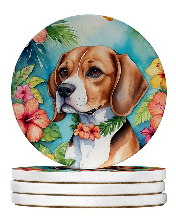 Beagle Luau Large Sandstone Coasters Pack Of 4 Absorbent Round Coasters Decor Gifts For Men Or Women, 4 In, Multicolor_maomaolike.com