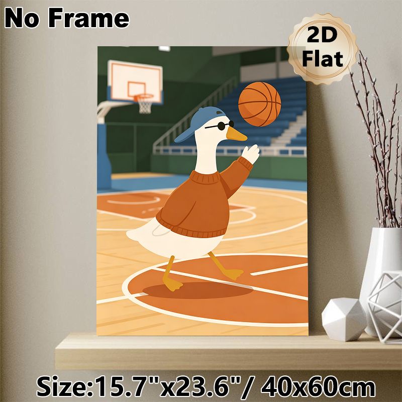 Basketball Duck Painting Poster, Cute Cartoon Style Poster, Vibrant Playful Design With A Cool Duck Playing Basketball On Court, Ideal For Game Room_maomaolike.com