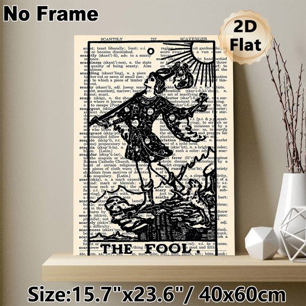 The Fool Tarot Card Painting Poster, Vintage Dictionary Page Style Poster, Black Line Art Tarot Figure With Sun Detail, Ideal For Home, Office And_maomaolike.com