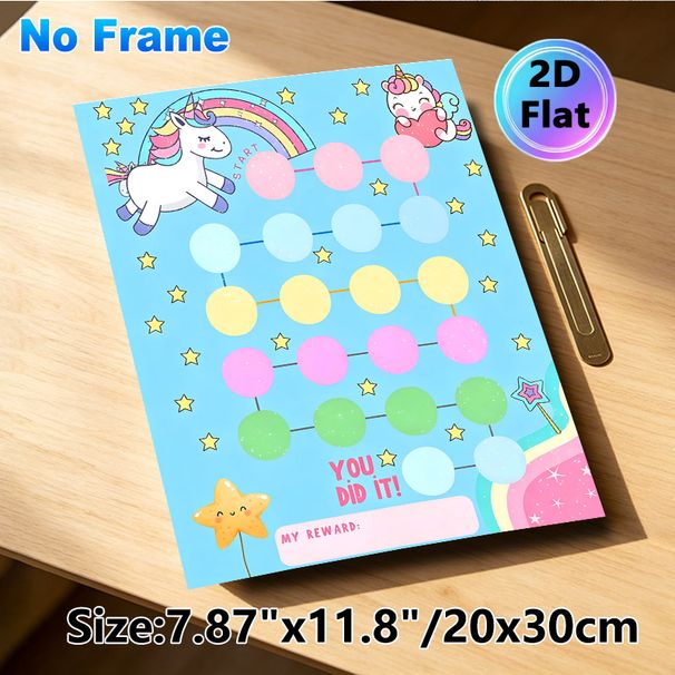 Unicorn Themed Reward Chart Painting Poster, Cute Pastel Cartoon Unicorn & Rainbow Scene Poster, Practical Progress Tracker To Reward Accomplishments_maomaolike.com