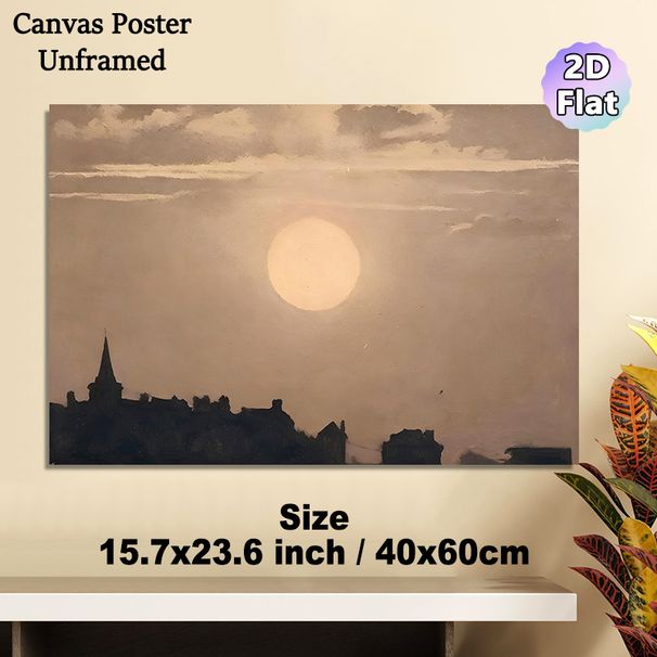 City Silhouette & Large Moon Landscape Painting Poster, Muted-tone Retro Oil Painting Style Poster, Calm Atmospheric Decor Ideal For Living Room_maomaolike.com