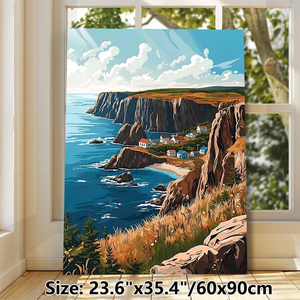 Coastal Cliff Village Painting Poster, Vibrant Stylized Coastal Cliff & Seaside Village Scene Poster, Serene Coastal Vibe Ideal For Living Room_maomaolike.com