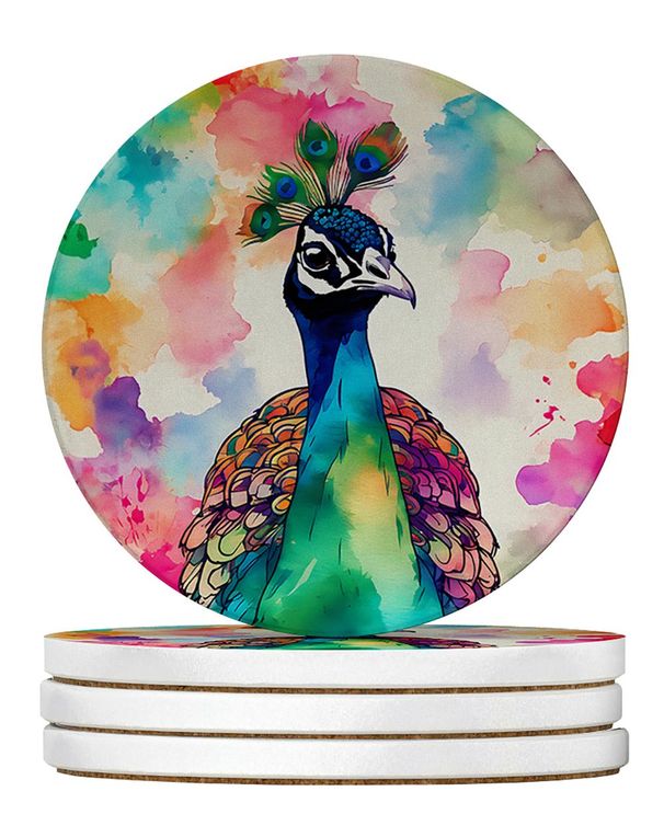 Hippie Animal Peacock Large Sandstone Coasters Pack Of 4 Absorbent Round Coasters Decor Gifts For Men Or Women, 4 In, Multicolor_maomaolike.com