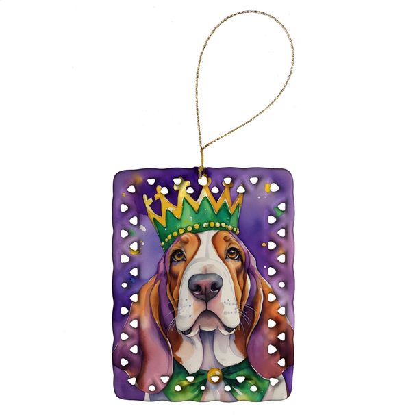 Basset Hound King Of Mardi Gras Porcelain Ornament Christmas Tree Hanging Decorations For Home Christmas Holiday, Rectangle, Gift, Multicolor_maomaolike.com