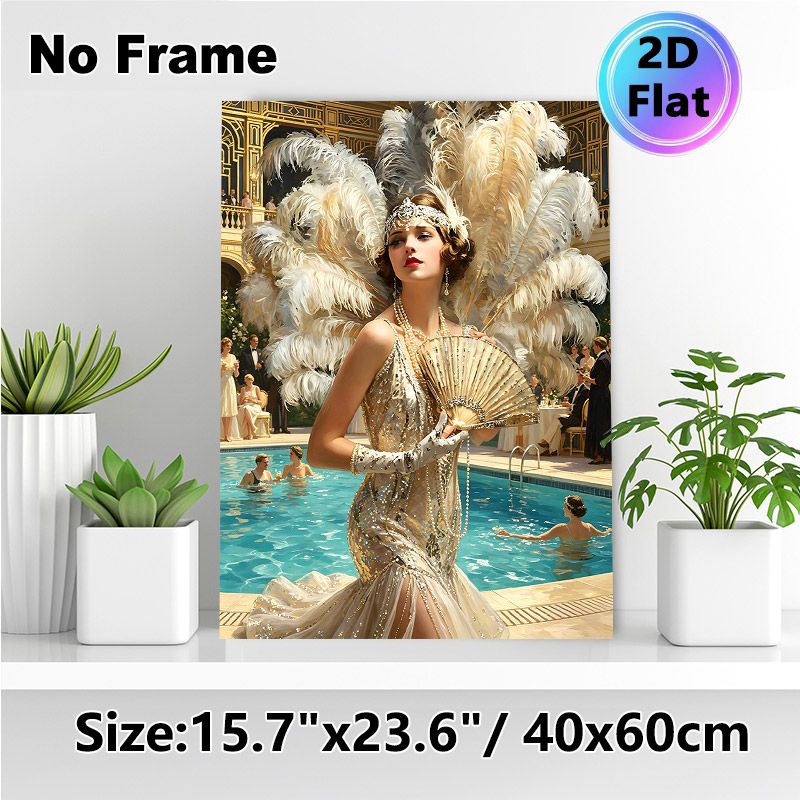 Roaring 20s Gatsby Style Painting Poster, Lavish Vintage Glamorous Flapper Lady Poster, With Glittering Gown & Grand Feather Decor, Elegant Retro_maomaolike.com