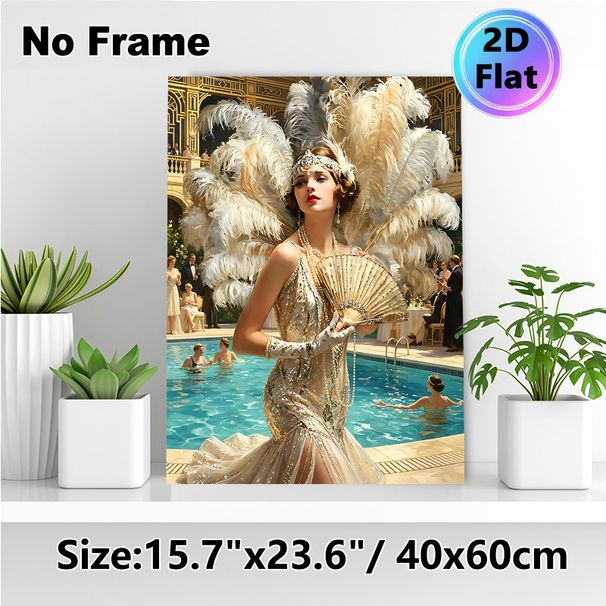 Roaring 20s Gatsby Style Painting Poster, Lavish Vintage Glamorous Flapper Lady Poster, With Glittering Gown & Grand Feather Decor, Elegant Retro_maomaolike.com