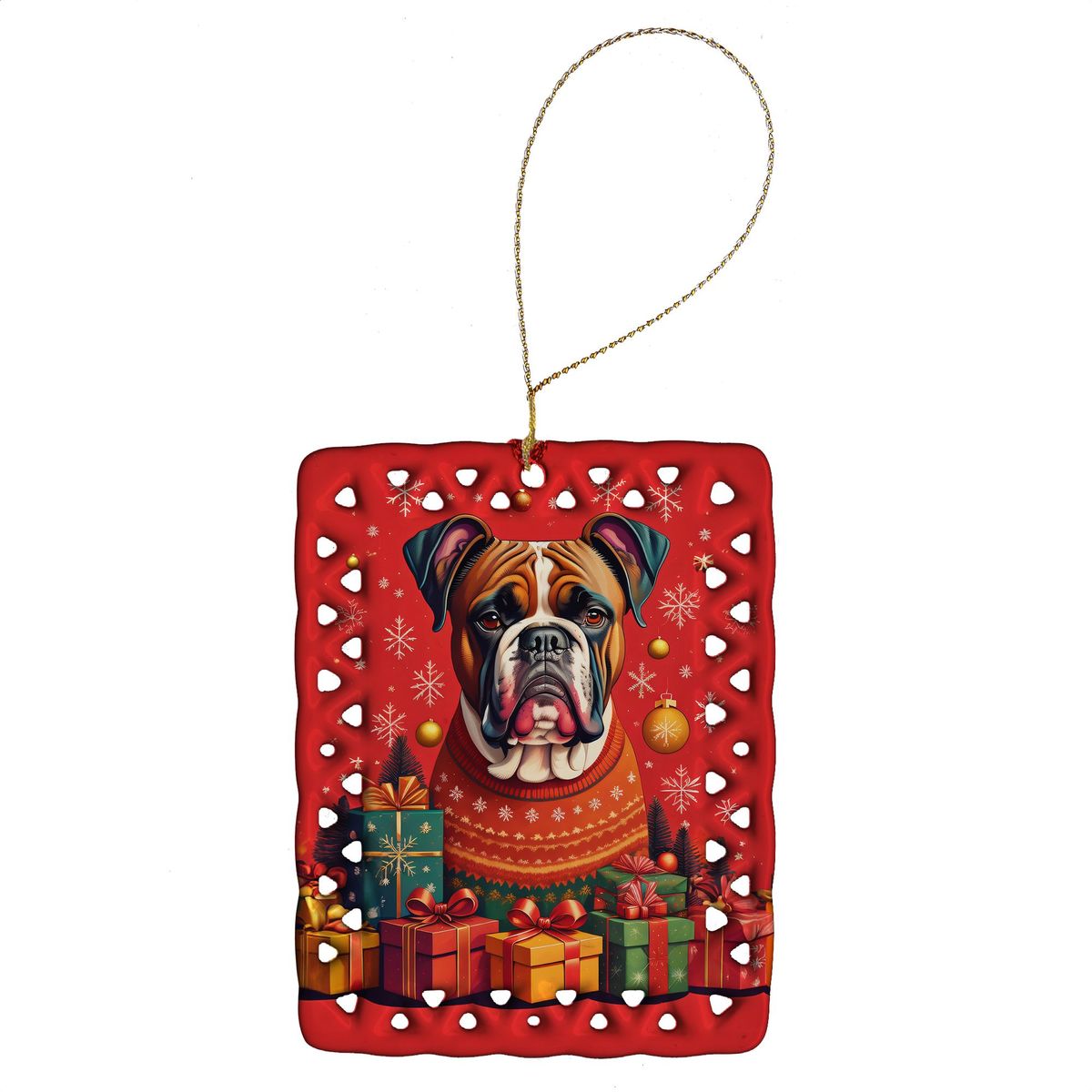 Fawn Boxer Holiday Christmas Porcelain Ornament Christmas Tree Hanging Decorations For Home Christmas Holiday, Rectangle, Gift, Multicolor_maomaolike.com