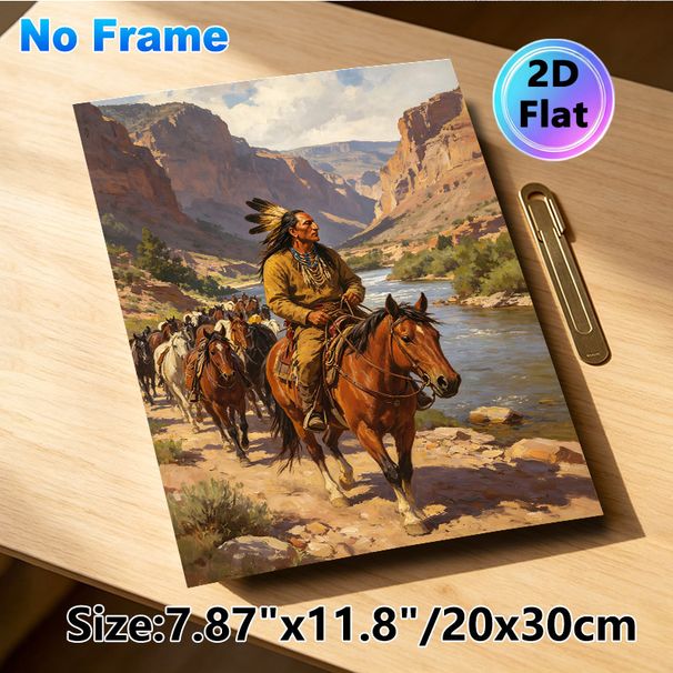 Native American Horseman & Horse Herd Painting Poster, Vintage Western Realistic Oil Painting Poster, Captivating Canyon Riverside Historical Scene_maomaolike.com