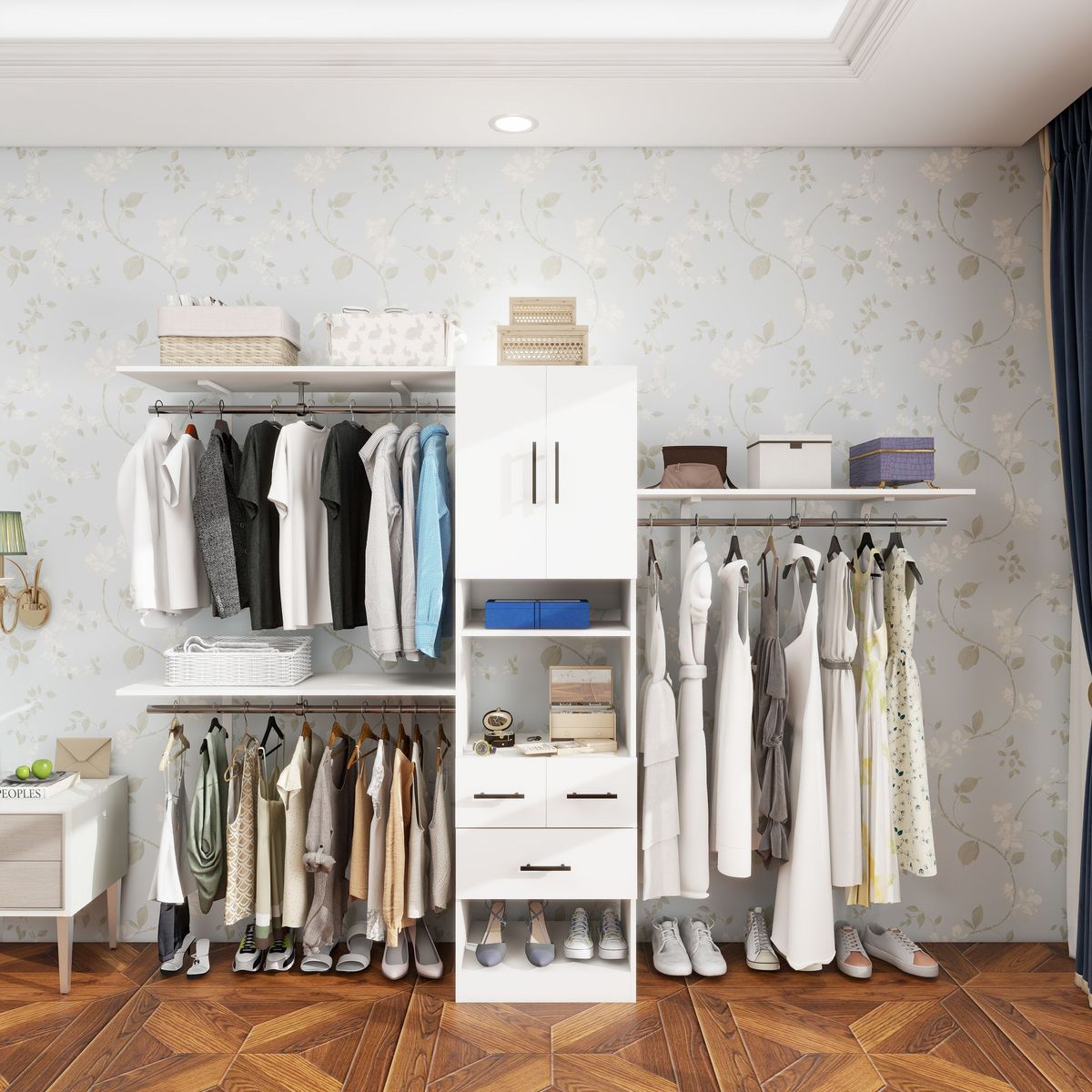 "95.6'' Closet Organizer System With Dual Hanging Rods, Shelves, And Drawers – White Engineered Wood Wardrobe For Bedroom Storage_maomaolike.com