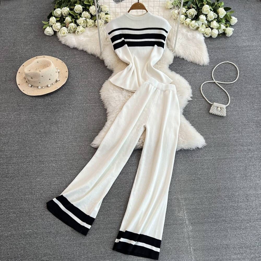 Women's Clothing sleeveless slim fit knitted top two piece suit casual high waist slim straight wide leg pants_maomaolike.com