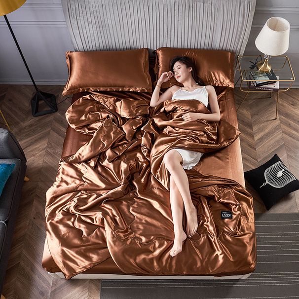 Spring Ice Cooling Air Conditioner Four-Piece Washable Cool Silk Thin Summer Quilt Sheet Bed Cover Set_maomaolike.com