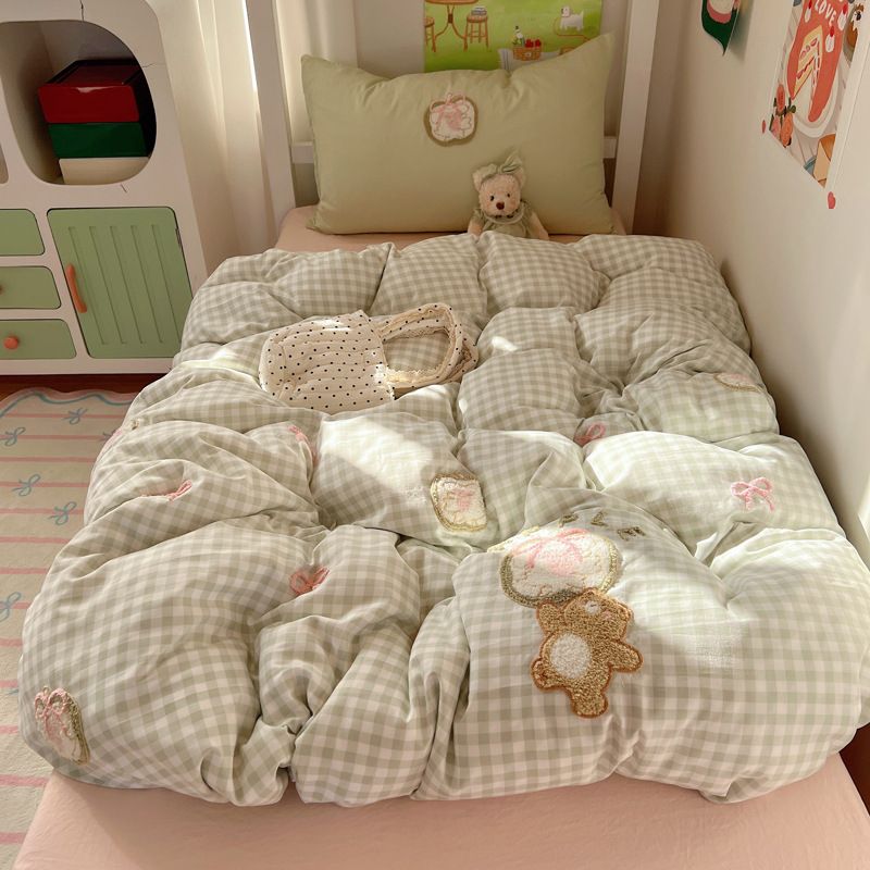 Student Season Single Bed Super Sweet Cute Cool Beautiful Towel Embroidery Soft And Cozy Naked Sleep Washed Cotton Plaid Four-Piec_maomaolike.com