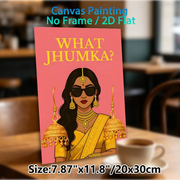 Indian Jhumka Themed Painting Poster, Vibrant Cartoon Indian Lady With Traditional Gold Jewelry Poster, Eye-catching Cultural Decor For Living Room_maomaolike.com