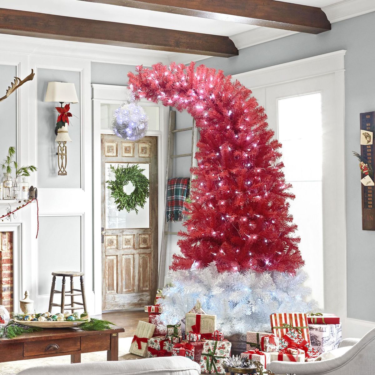 6FT Hinged Fir Artificial Fir Bent Top Christmas Tree, Xmas Tree Bendable Santa Hat Style Christmas Tree Holiday Decoration,1250 Lush Branch Tips, 300 LED Lights X-mas_maomaolike.com