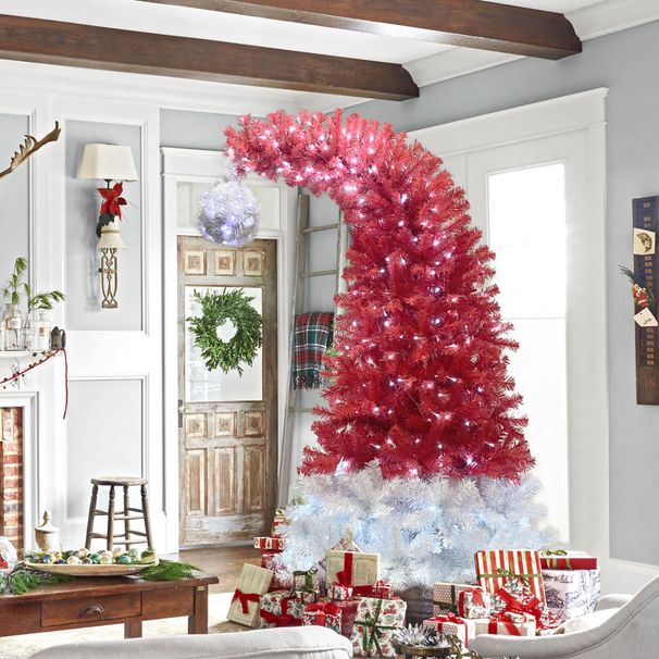6FT Hinged Fir Artificial Fir Bent Top Christmas Tree, Xmas Tree Bendable Santa Hat Style Christmas Tree Holiday Decoration,1250 Lush Branch Tips, 300 LED Lights X-mas_maomaolike.com