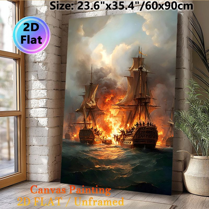 Naval Battle Painting Poster, Dramatic Realistic Maritime Combat Scene Poster, Captivating Historical Battle Depiction Suitable For Home Office, Study_maomaolike.com