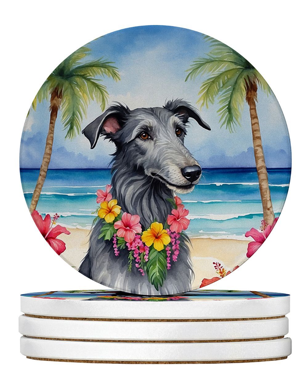 Scottish Deerhound Luau Large Sandstone Coasters Pack Of 4 Absorbent Round Coasters Decor Gifts For Men Or Women, 4 In, Multicolor_maomaolike.com