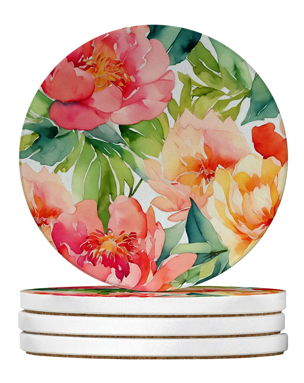 Indiana Peonies In Watercolor Large Sandstone Coasters Pack Of 4 Absorbent Round Coasters Decor Gifts For Men Or Women, 4 In, Multicolor_maomaolike.com