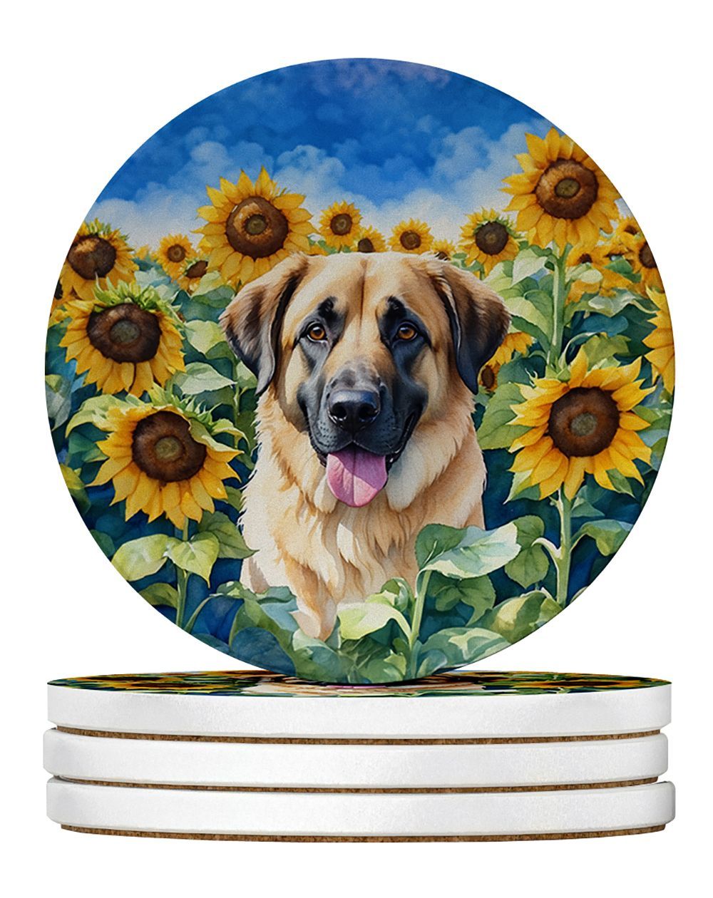 Anatolian Shepherd In Sunflowers Large Sandstone Coasters Pack Of 4 Absorbent Round Coasters Decor Gifts For Men Or Women, 4 In, Multicolor_maomaolike.com