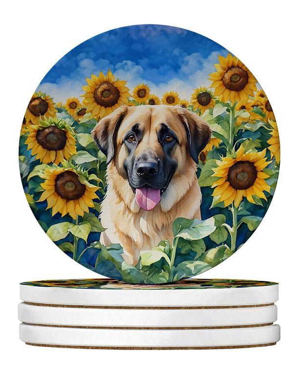 Anatolian Shepherd In Sunflowers Large Sandstone Coasters Pack Of 4 Absorbent Round Coasters Decor Gifts For Men Or Women, 4 In, Multicolor_maomaolike.com