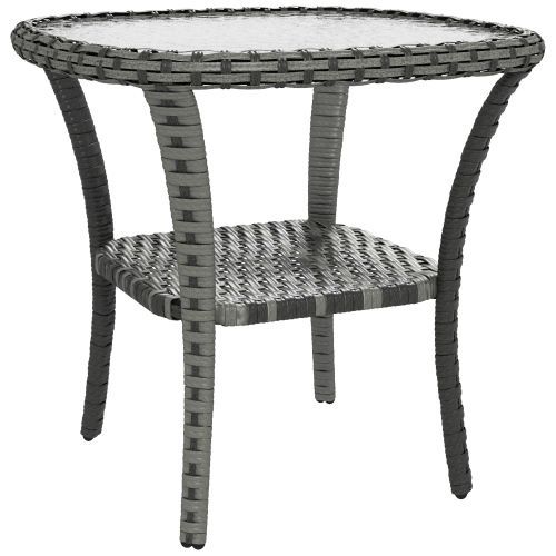 Outsunny Rattan Coffee Table With Storage Shelf, Wicker Side Table With Glass Top, Outdoor End Table For Garden, Porch, Backyard, Mix Gray_maomaolike.com