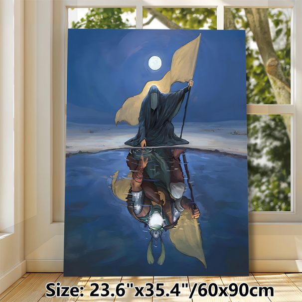 Mysterious Hooded Figure & Knight Reflection Painting Poster, Dark Fantasy Moonlit Waterscape Poster, Evocative Symbolic Artwork Ideal For Bedroom_maomaolike.com
