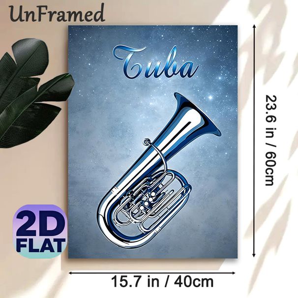 Tuba Themed Painting Poster, Shiny Metallic Blue-toned Poster, Elegant Music-inspired Decor Featuring Glossy Tuba On Starry Textured Backdrop, Ideal_maomaolike.com