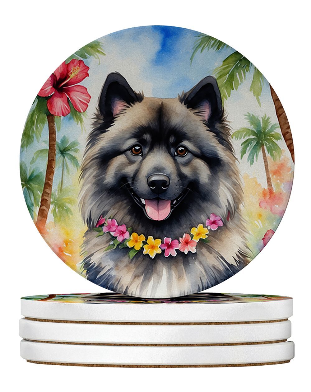 Keeshond Luau Large Sandstone Coasters Pack Of 4 Absorbent Round Coasters Decor Gifts For Men Or Women, 4 In, Multicolor_maomaolike.com