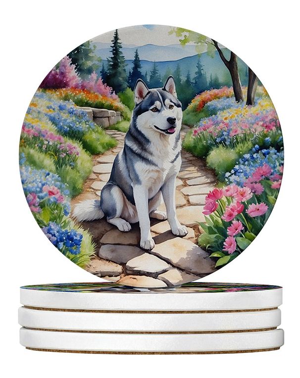 Siberian Husky Spring Path Large Sandstone Coasters Pack Of 4 Absorbent Round Coasters Decor Gifts For Men Or Women, 4 In, Multicolor_maomaolike.com