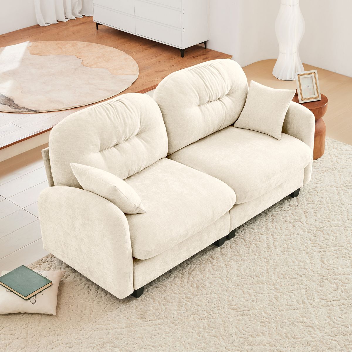 Loveseat Cloud Sectional Couches Chenille Fabric, Quilted Pleated Design, Ergonomic Design, High-Density Foam Easy Install Elegant Armrests High Quality Wooden Base,Fits Living Rooms,Beige_maomaolike.com