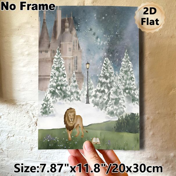 Winter Castle & Lion Themed Painting Poster, Soft Watercolor Fantasy Scene Poster, Whimsical Snowy Castle With Lion, Street Lamp And Open Book Design_maomaolike.com