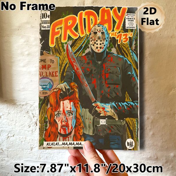 Friday The 13th Horror Slasher Painting Poster, Vintage Comic Style Masked Killer & Frightened Character Poster, Retro Spooky Wall Decor Ideal For_maomaolike.com