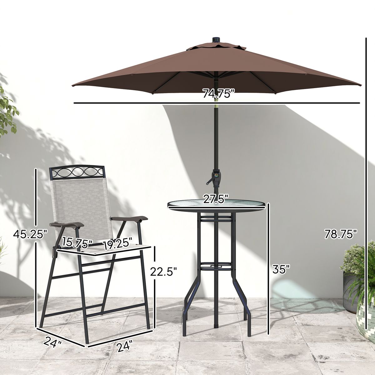 4 Piece Outdoor Bar Set With Umbrella, Patio Dining Set With 2 Folding Chairs, Wave Textured Tempered Glass Table For Backyard, Garden, Deck, Poolside, Beige_maomaolike.com
