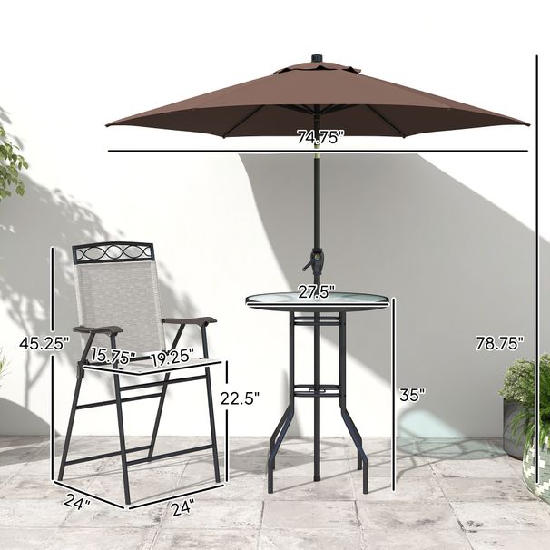 4 Piece Outdoor Bar Set With Umbrella, Patio Dining Set With 2 Folding Chairs, Wave Textured Tempered Glass Table For Backyard, Garden, Deck, Poolside, Beige_maomaolike.com