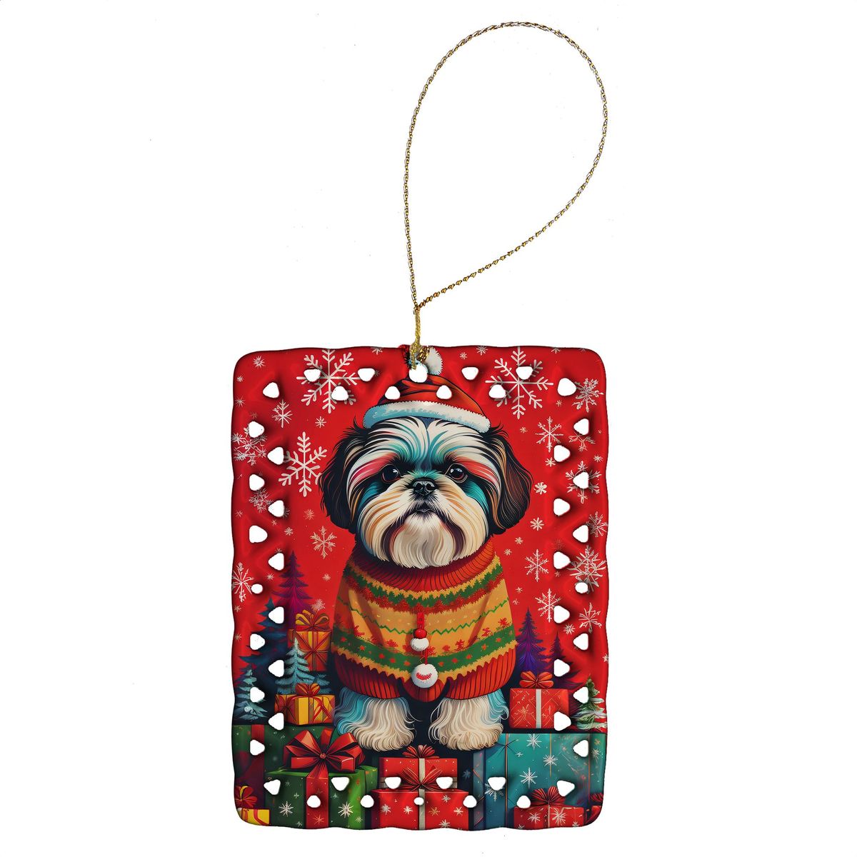 Shih Tzu Holiday Christmas Porcelain Ornament Christmas Tree Hanging Decorations For Home Christmas Holiday, Rectangle, Gift, Multicolor_maomaolike.com