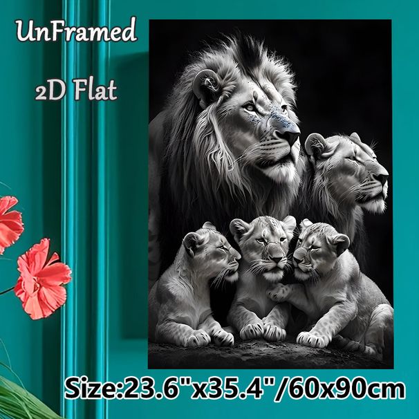 Lion Family Painting Poster, Monochrome Realistic Lion Group Portrait Poster, Warm Wild-themed Decor Ideal For Living Room, Office_maomaolike.com