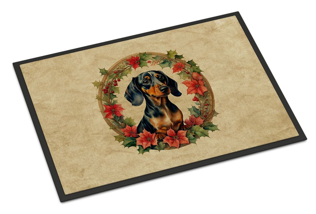Dachshund Christmas Flowers Doormat Front Door Mat Indoor Outdoor Rugs For Entryway, Non Slip Washable Low Pile, 24H X 36W_maomaolike.com