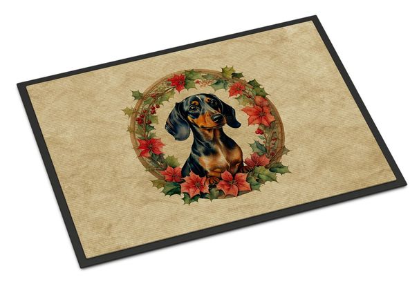 Dachshund Christmas Flowers Doormat Front Door Mat Indoor Outdoor Rugs For Entryway, Non Slip Washable Low Pile, 24H X 36W_maomaolike.com