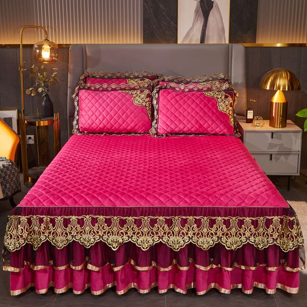 European Coral Fleece Single Piece Crystal Velvet Non-Slip Thickened Flannel Quilted Sheet Skirt Style Bed Cover_maomaolike.com