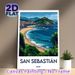 San Sebastián Coastal City Travel Landscape Painting Poster, Vibrant Stylized Seaside Cityscape With Curving Beach & Hillside Fortress Poster_maomaolike.com