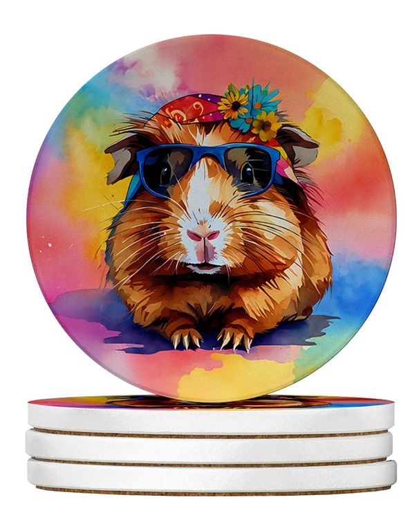 Hippie Animal Guinea Pig Large Sandstone Coasters Pack Of 4 Absorbent Round Coasters Decor Gifts For Men Or Women, 4 In, Multicolor_maomaolike.com