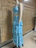 Women's clothing new suspender chest wrap printed sleeves backless tops slit two piece set_maomaolike.com