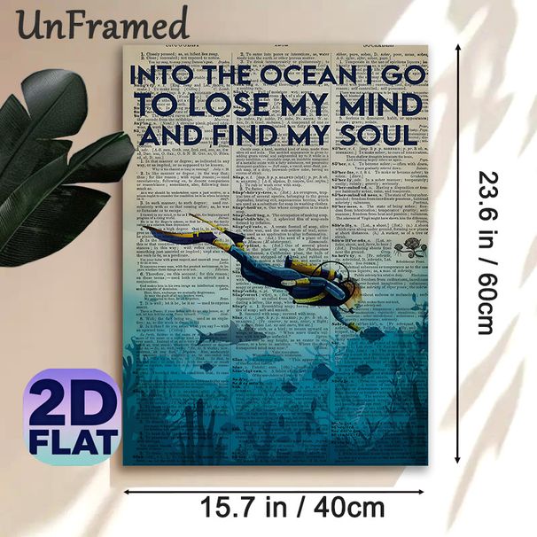Ocean & Diver Themed Painting Poster, Vintage Typographic Retro Newspaper Style With Diver Graphic Poster, Inspirational Ocean Quote Wall Art, Ideal_maomaolike.com