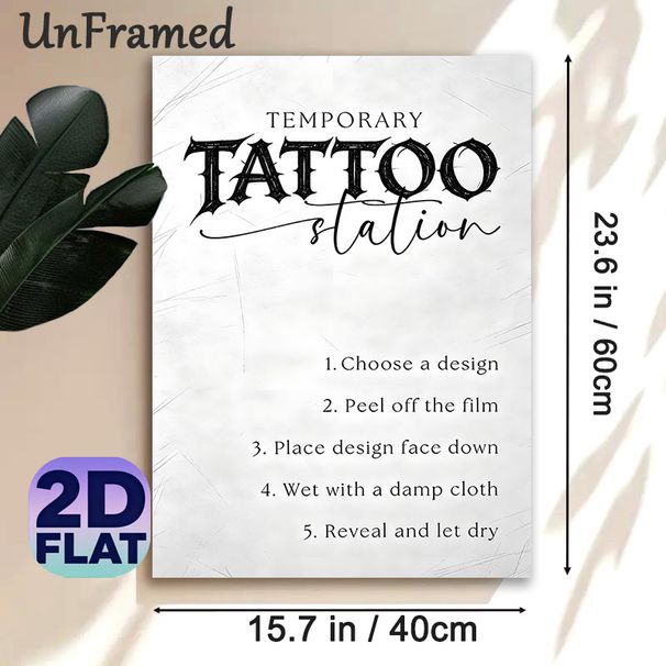 Temporary Tattoo Station Painting Poster, Minimalist Black-and-White Typographic Poster, Clear Step-by-step Temporary Tattoo Application Guide, Ideal_maomaolike.com
