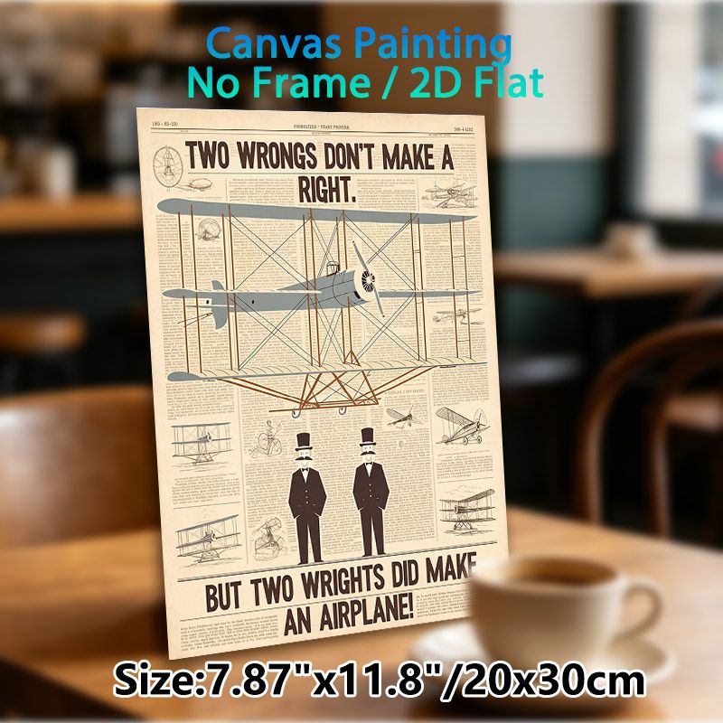 Vintage Airplane & Wright Brothers Pun Painting Poster, Retro Newspaper-style Graphic Poster, Witty Proverb-themed Decor With Biplane Art, Suitable_maomaolike.com