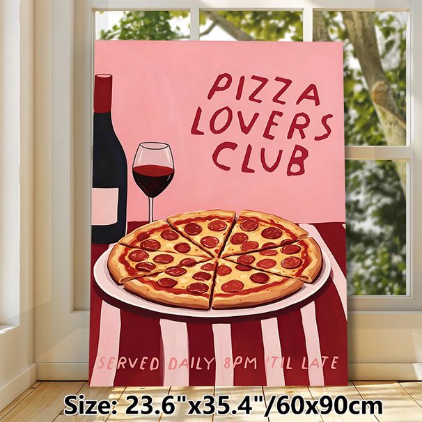 Pizza Lovers Club Themed Painting Poster, Warm-toned Cartoon-style Poster With Pepperoni Pizza, Wine Bottle & Glass, Cozy Food-inspired Decor Ideal_maomaolike.com