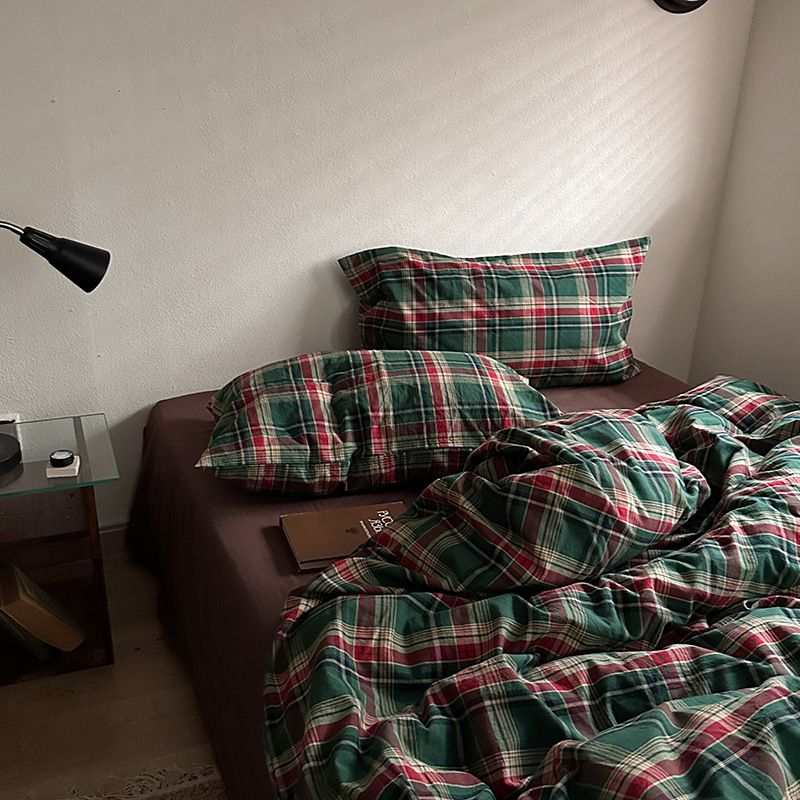 Wholesale INS Vintage Style Retro Green Plaid Nordic Simple Mixed Pure Washed Four-Piece All Cotton 4-Piece Set_maomaolike.com