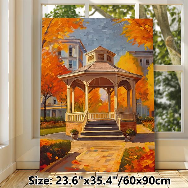 Autumn Gazebo Painting Poster, Vibrant Impressionist-style Poster Featuring Warm-toned Fall Gazebo With Golden Foliage And Houses, Adds Cozy Seasonal_maomaolike.com