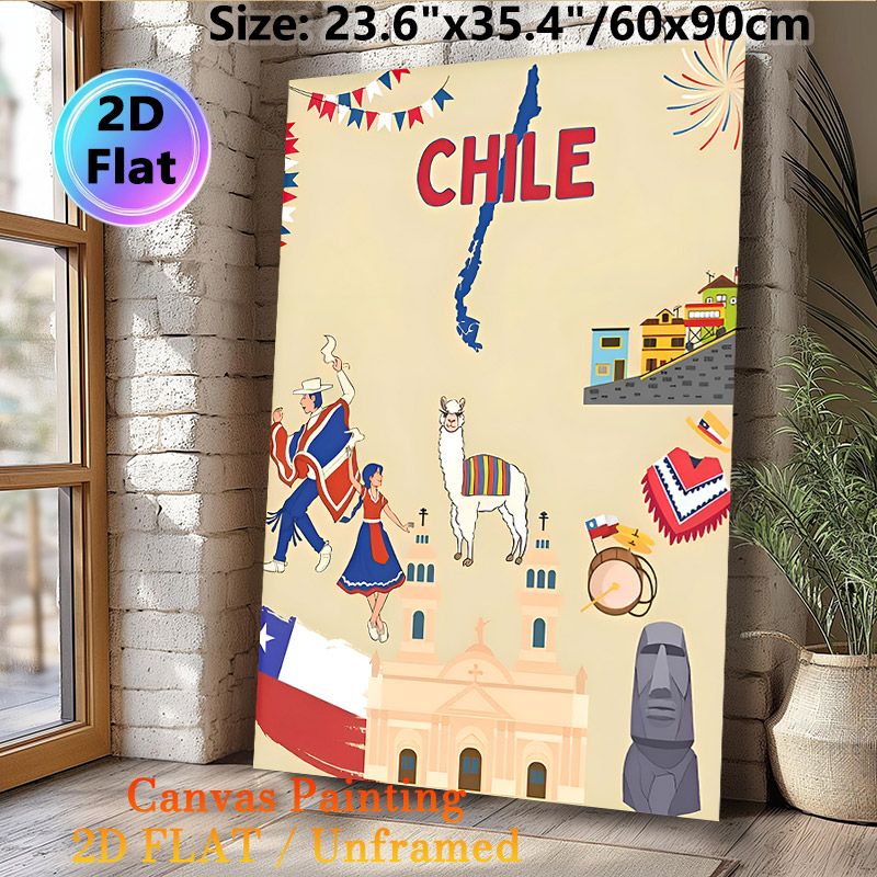Chile Themed Painting Poster, Vibrant Cartoon Style Chilean Cultural Elements Poster, Showcases Folk Dancers, Iconic Landmarks & National Symbols_maomaolike.com