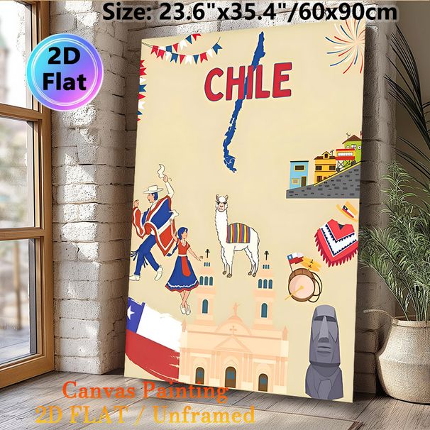 Chile Themed Painting Poster, Vibrant Cartoon Style Chilean Cultural Elements Poster, Showcases Folk Dancers, Iconic Landmarks & National Symbols_maomaolike.com
